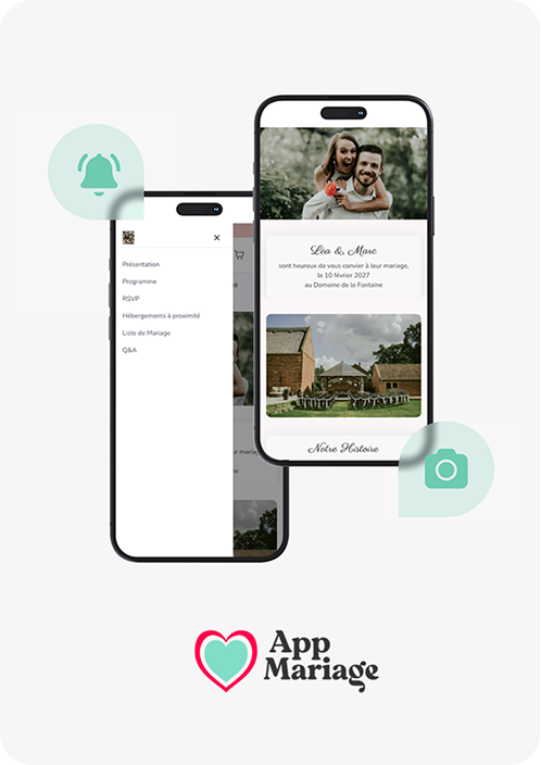 Les écrans de l'application AppMariage : invitation, programme, RSVP, hébergements